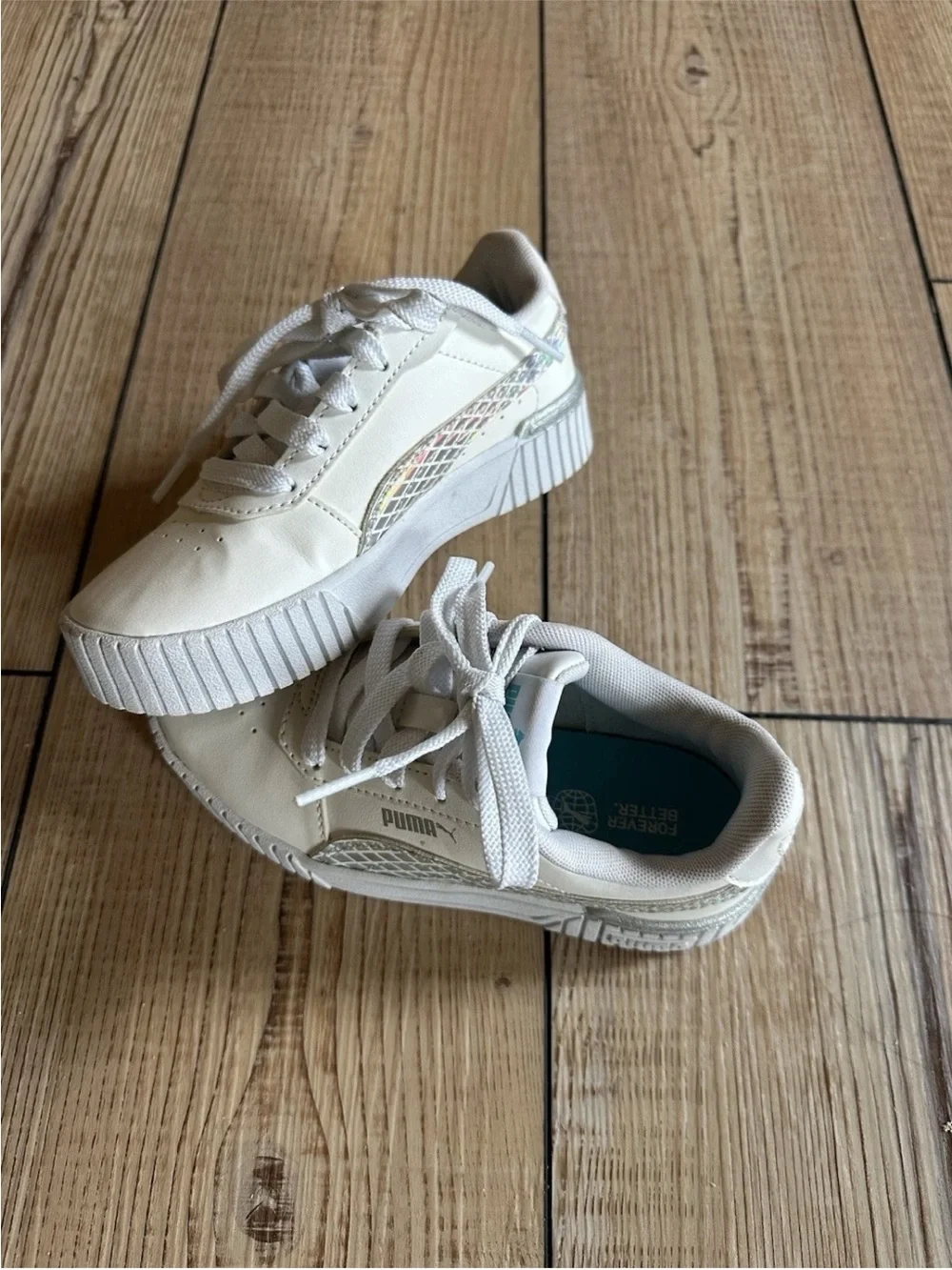 Kids White Platform Sneakers with Iridescent Accent